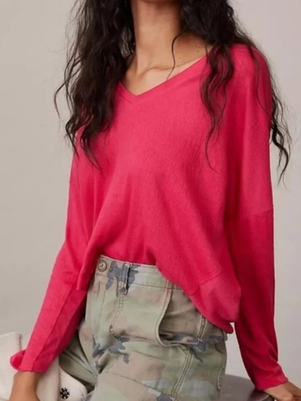 Anthropologie Bright Pink‎ V Neck Dolman Sleeve Boxy Top